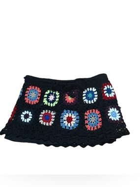 Black Crochet Mini Skirt with Multicolor Motifs